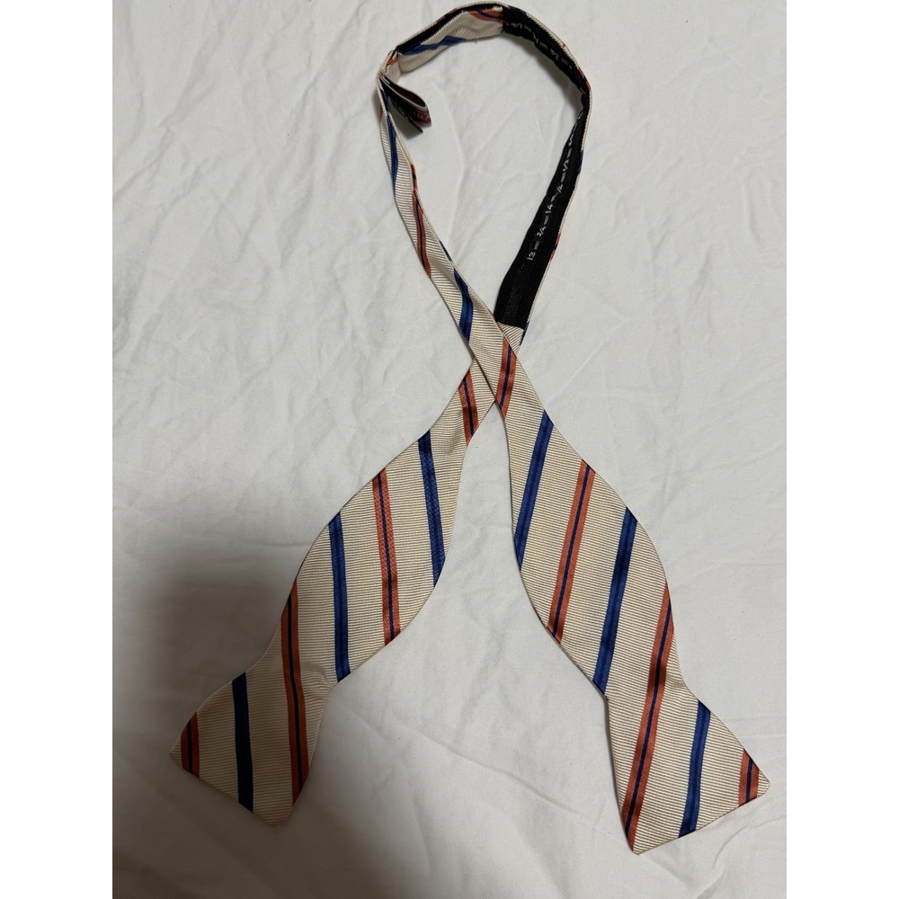 B. Oyama New York Bow Tie Self Tie Ivory Navy Orange Stripe Made Italy AS IS